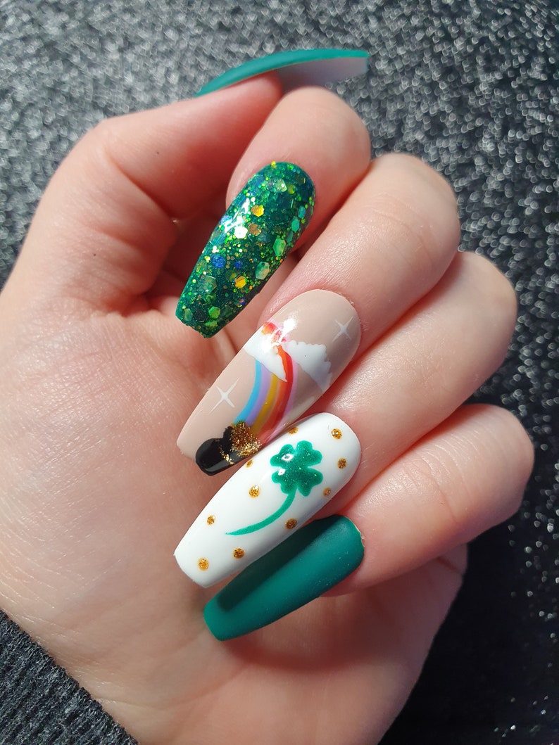 Pot O' Gold Luxury Handmade Press On Nail Set St. Patrick's Day image 1