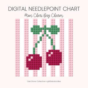 May include: Digital needlepoint chart for a cherry bag charm. The chart features two red cherries with green stems and leaves on a pink and white striped background. The text "Mon Cheri Bag Charm" is at the top of the chart.