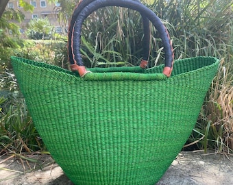 Très grand panier Bolga africain tissé à la main : respectueux de l'environnement : shopping, pique-nique, sac de plage avec anses longues