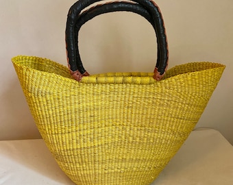 Extra-Large African Handwoven Bolga Basket : Eco-Friendly- Shopping, Picnic, Beach Bag with Shoulder Length Handles