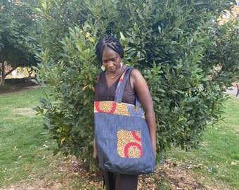 Handmade Large African Ankara and Denim Fabric Shopping Tote - Shopping Bag