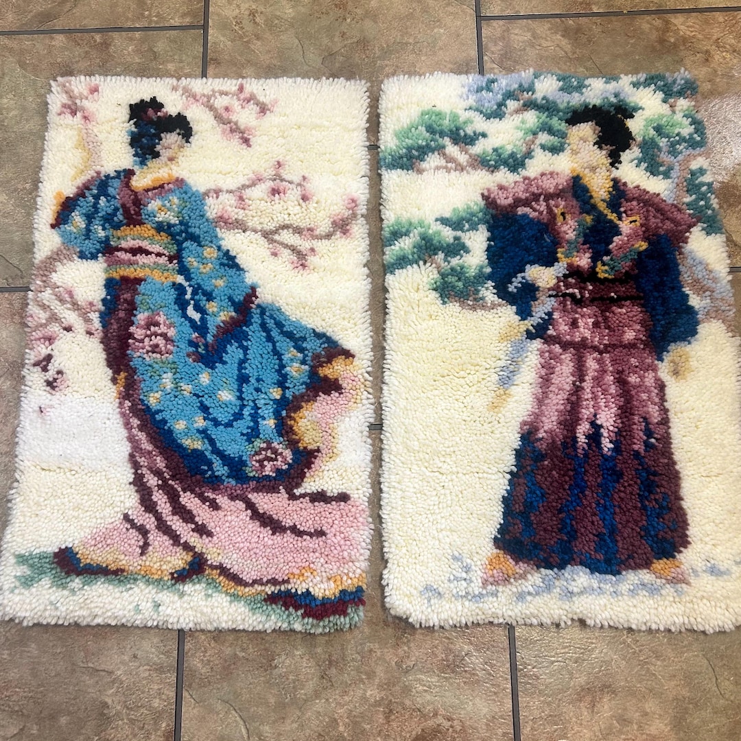 Japanese Latch Rug Vintage Latch Hook Rugs Japanese Themed Set Geisha Oriental Lady ...