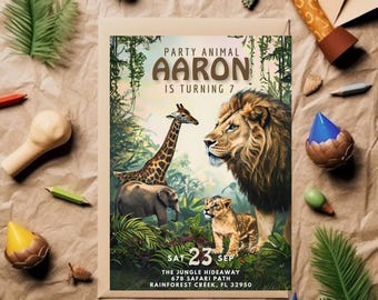 Editable Jungle Birthday Invitation | Safari Animals Party Invite | Wild One Birthday Template for Kids | Jungle Theme Celebration