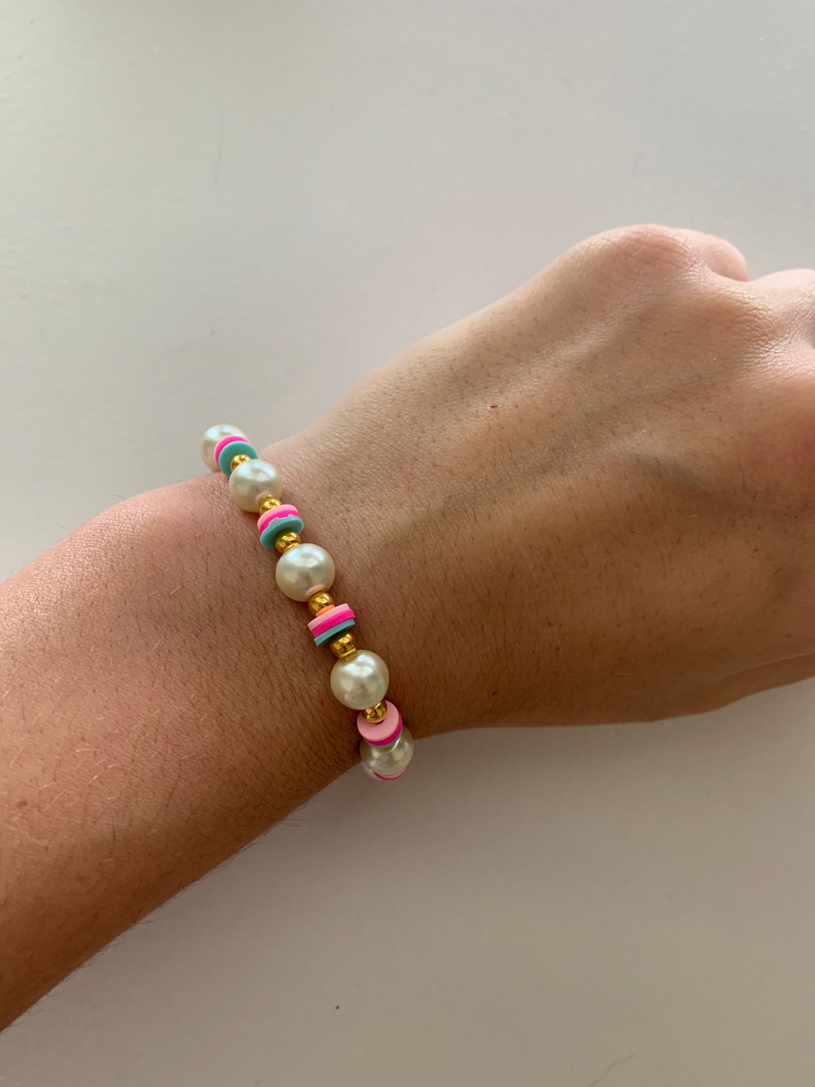 Preppy Clay Disc Bead Bracelet With Gold Beads And Pearls Etsy