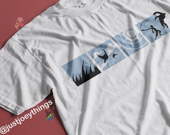May include: White t-shirt with a blue and white graphic print of four silhouettes. The silhouettes depict a person jumping, a person throwing a ball, a person running, and a person standing. The text "@justjoeythings" is printed on the bottom left corner of the shirt.