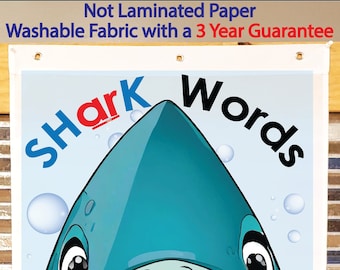 Shark "AR" Words Anchor Chart, Printed on FABRIC! Durable Flag Material with grommets. foldable, 3year product guarantee