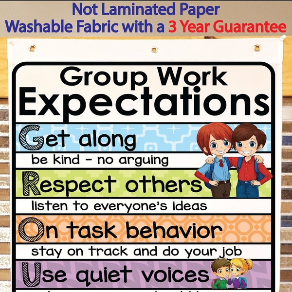 Group Work Expectation Anchor Chart Printed on FABRIC! Anchor Charts are Flag Material. Washable, Foldable.*3 Year product guarantee*