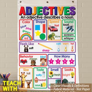 Adjectives Anchor Chart - Printed on FABRIC! Anchor Charts are Durable Flag Material. Washable, Foldable.*3 Year product guarantee*