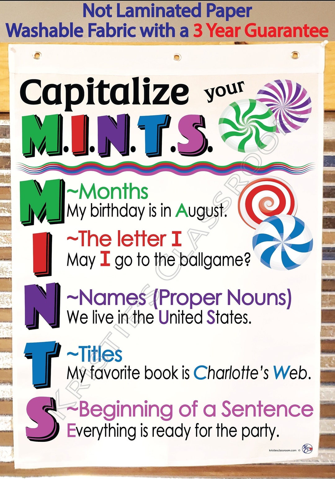 Capitalization MINTS Anchor Chart, Printed on FABRIC Durable Flag