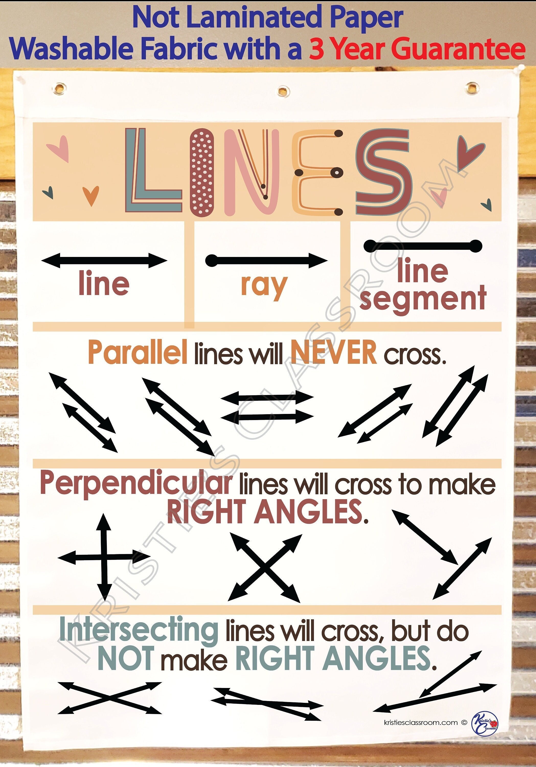 Lines BOHO Colors perpendicular-parallel-intersecting-line Segment-ray  Anchor Chart, Printed on FABRIC Flag Material. Washable, Foldable 