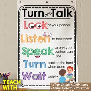 Turn and Talk, Printed on FABRIC! Anchor Charts are Durable Flag Material. Washable, Foldable.*3 Year product guarantee*