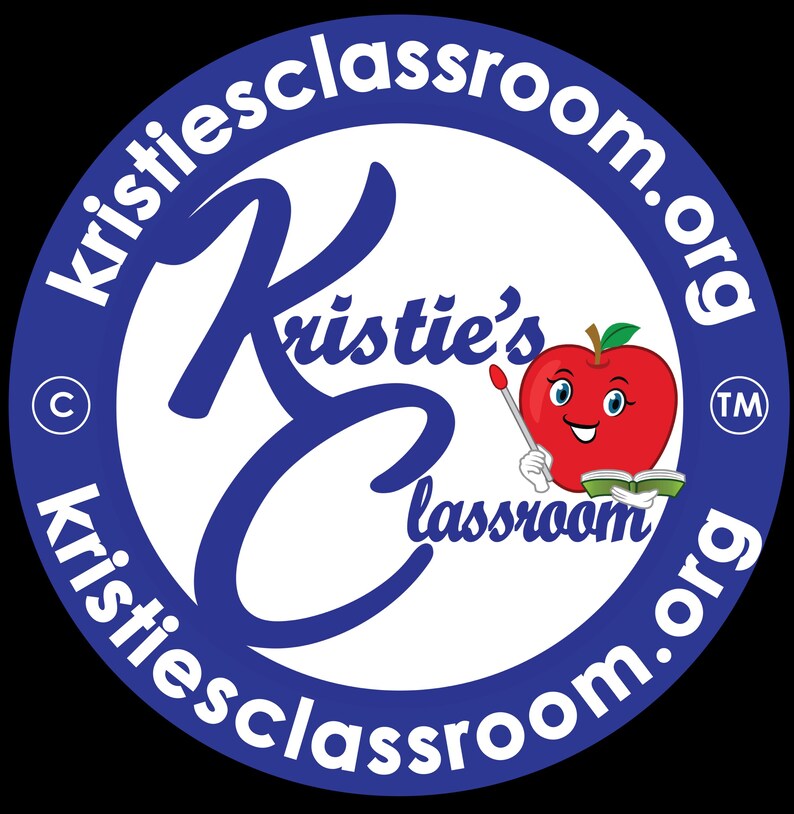 May include: A circular logo with a blue border and white interior. The text "kristiesclassroom.org" is in white around the border. The logo features a large blue "K" and "E" with the words "Kristie's classroom" in blue. A cartoon apple with a face and pointer is in the centre.