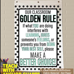 May include: A classroom poster with the text "Our Classroom Golden Rule" in a black frame, surrounded by black polka dots on a white background. The poster includes the text "Teach with Anchor Charts" and "Make a Better Choice!"