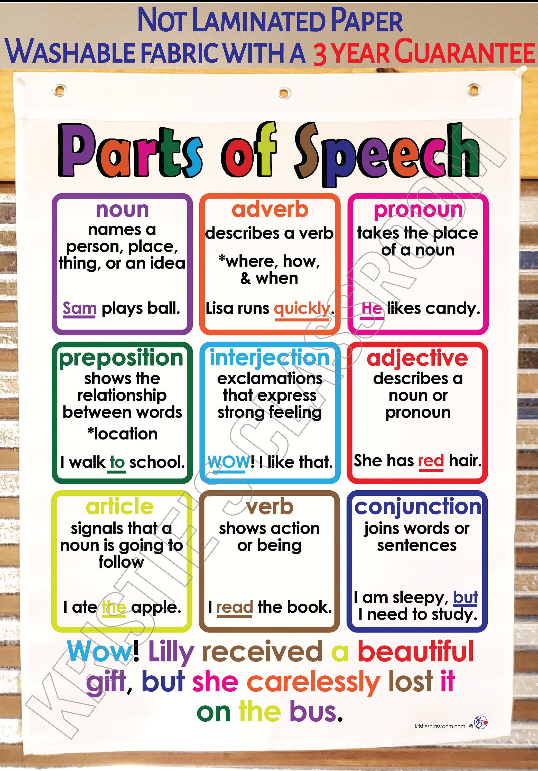 Parts of Speech Anchor Chart, Printed on FABRIC Durable Flag Material.  Washable, Foldable.3 Year Product Guarantee -  Canada