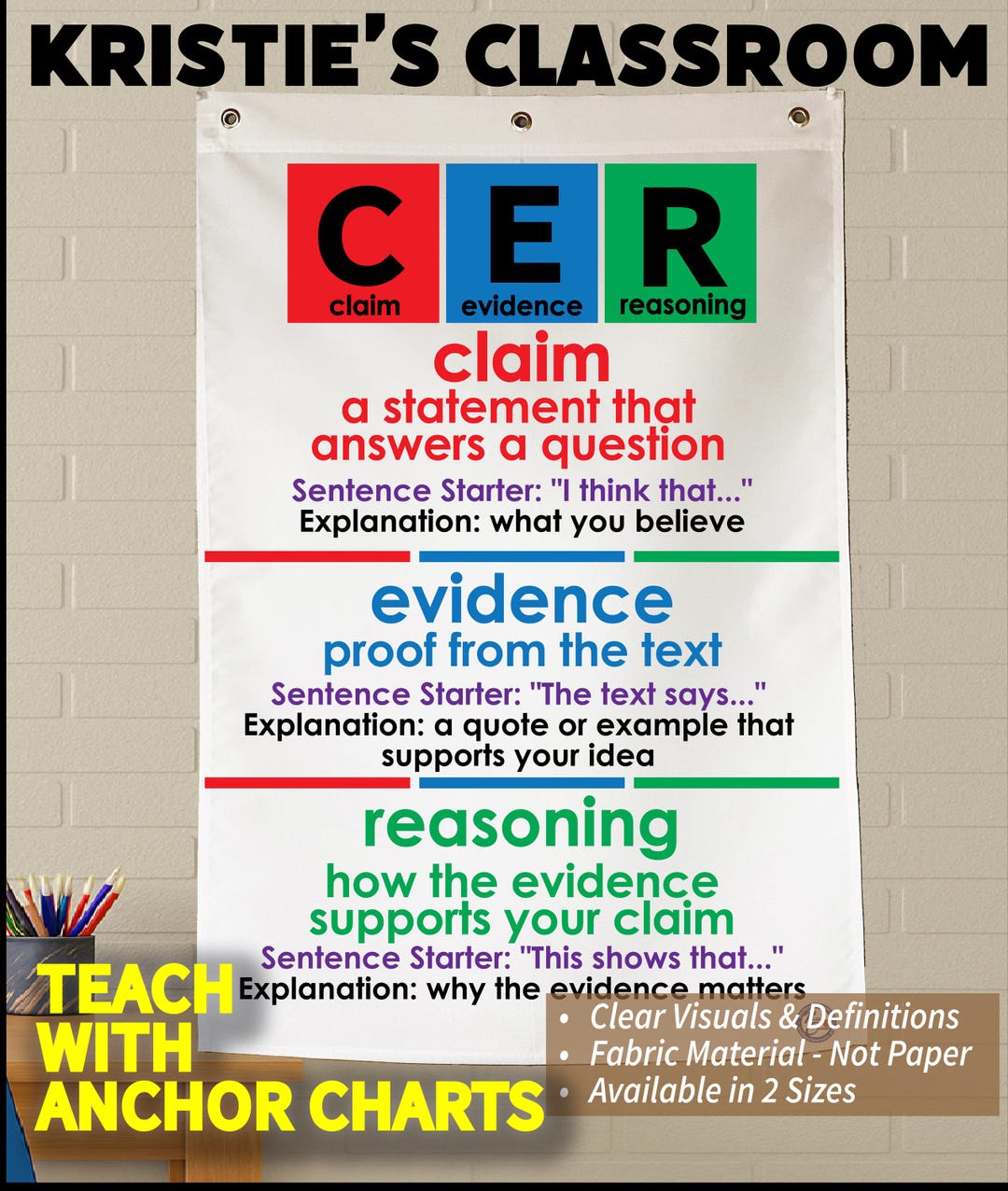Cew Examples CER Anchor Chart: Claim Evidence Reasoning, Washable Fabric With ...