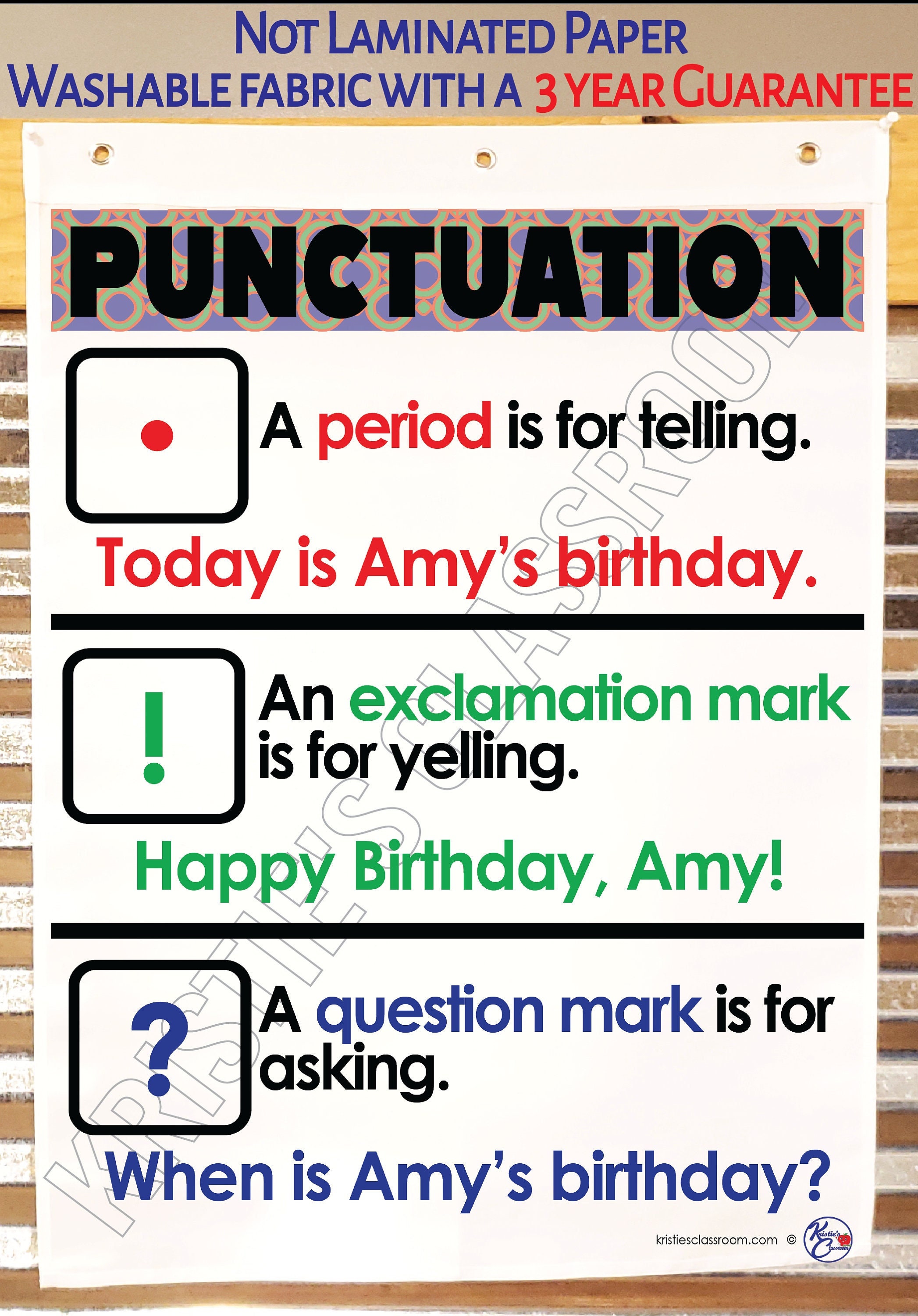 Punctuation basic Anchor Chart, Printed on FABRIC Durable Flag Material