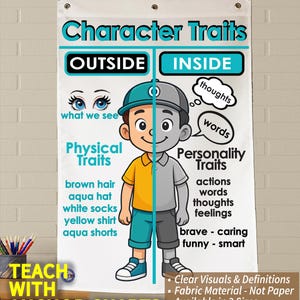Character Traits Anchor Chart - Printed on FABRIC! Anchor Charts are Durable Flag Material. Washable, Foldable.*3 Year product guarantee*