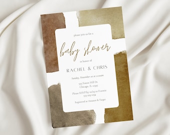 May include: A baby shower invitation with a watercolor background in shades of brown and gold. The invitation reads "please join us for a baby shower in honor of Rachel & Chris" and includes the date, time, location, and RSVP information.