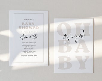 May include: A baby shower invitation with a light gray background and black text. The invitation reads "Please join us for a Baby Shower in honor of the parents-to-be Adam & Ella. Sunday, June 24th at 2 pm.  The invitation also includes the address, RSVP information, and registry information.  A second card with a light gray background and black text reads "Oh it's a girl! Baby".