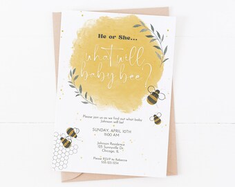 May include: A gender reveal party invitation with a watercolor background in shades of yellow and gold. The text reads "He or She... what will baby bee?" with a bee illustration. The invitation includes details for the party, including the date, time, and location.