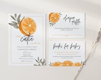 May include: A set of three printable cards for a baby shower. The cards are decorated with orange slices and green leaves. The text on the cards reads "a little cutie is on the way", "diaper raffle" and "books for baby".