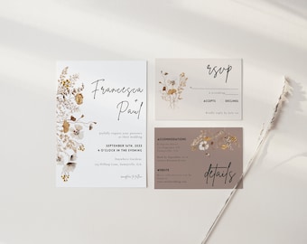 Poppy Floral Wedding Invitation Template, Floral Wedding Invitation Suite, Editable Wedding Invite Set, Canva, Fall Floral,