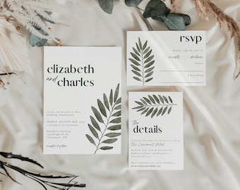 Boho Wedding Invitation Canva, Modern Greenery Wedding Invitation Suite, Printable Wedding Invite for Summer Wedding