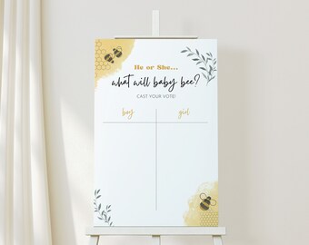 He or She What Will Baby Bee Sign - Gender Guessing Board - He or She Gender Voting Sign - Bee Gender Reveal Editable Canva Template