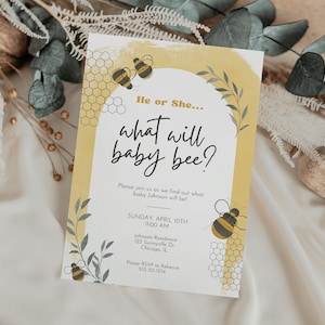 Gender Reveal Invitation, What Will Baby Bee Invitation, He or She Gender Reveal Canva Template, Summer Gender Reveal Invite