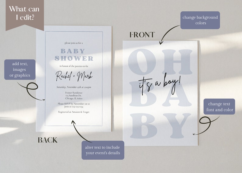Invito per baby shower "Oh Baby It's a Boy" per bambino - Baby Shower "Oh Boy" - Invito moderno per baby shower per bambino - Baby Shower blu - Scarica Canva immagine 5