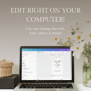 May include: A laptop computer displaying a wedding invitation template on the screen. The invitation is for a wedding between Elizabeth and Taylor. The text on the screen reads "Elizabeth & Taylor". The laptop is on a desk with a wicker basket and a vase of white flowers.