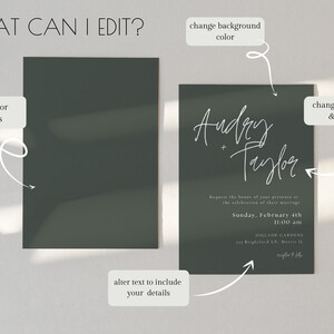May include: A customizable wedding invitation template with a dark green background and white text. The text includes the names "Audrey + Taylor", the date "Sunday, February 4th", the time "11:00 am", and the location "Hilltop Gardens".