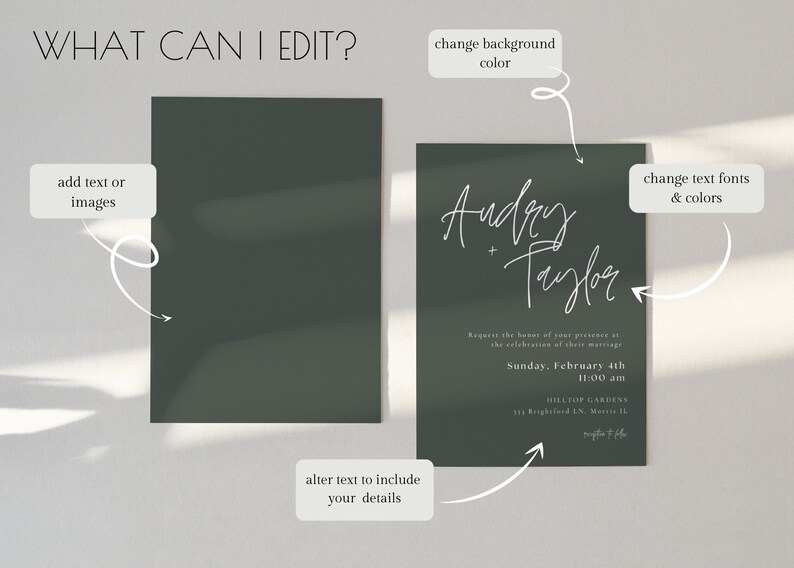 May include: A customizable wedding invitation template with a dark green background and white text. The text includes the names "Audrey + Taylor", the date "Sunday, February 4th", the time "11:00 am", and the location "Hilltop Gardens".