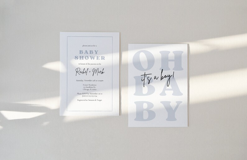 Invito per baby shower "Oh Baby It's a Boy" per bambino - Baby Shower "Oh Boy" - Invito moderno per baby shower per bambino - Baby Shower blu - Scarica Canva immagine 2