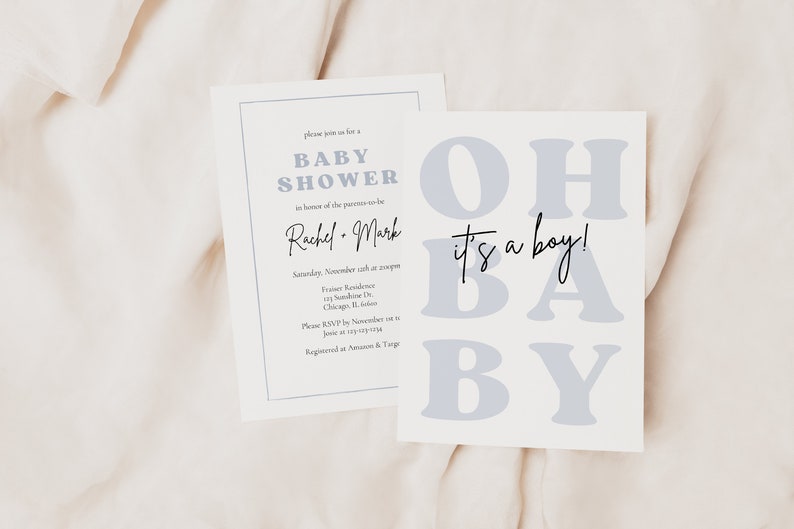 Invito per baby shower "Oh Baby It's a Boy" per bambino - Baby Shower "Oh Boy" - Invito moderno per baby shower per bambino - Baby Shower blu - Scarica Canva immagine 3
