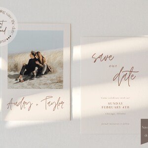 May include: Save the date card with a photo of a couple in a field. The card says "Save our date" in cursive script and "Come celebrate with us! Sunday February 4th Chicago, Illinois".