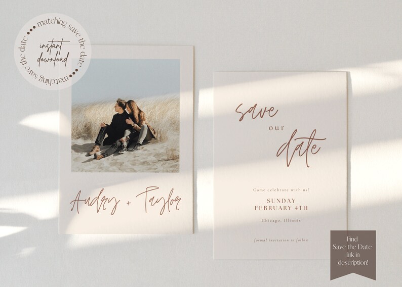 May include: Save the date card with a photo of a couple in a field. The card says "Save our date" in cursive script and "Come celebrate with us! Sunday February 4th Chicago, Illinois".