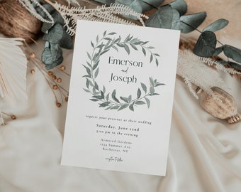 Summer Wedding Invitation for Canva - Garden Wedding Invitation with Greenery - Calligraphy Invitation with Soft Leaves Printable