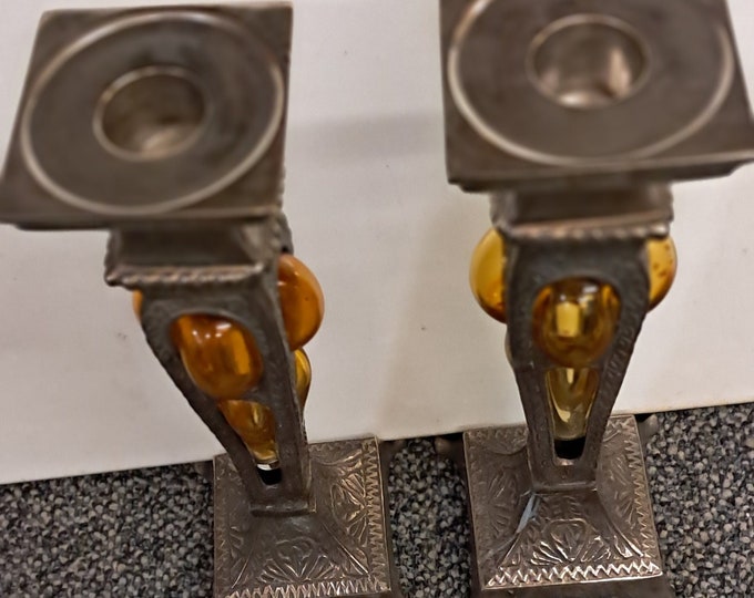 Set Of Vintage Mid Century Baroque Style Amber Glass & Silver Tone Taper Candlestick