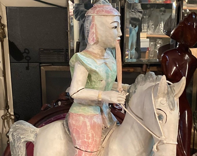 Vintage  Handmade, Hand Crafted  Wooden Oriental  Soldier on a  Horse