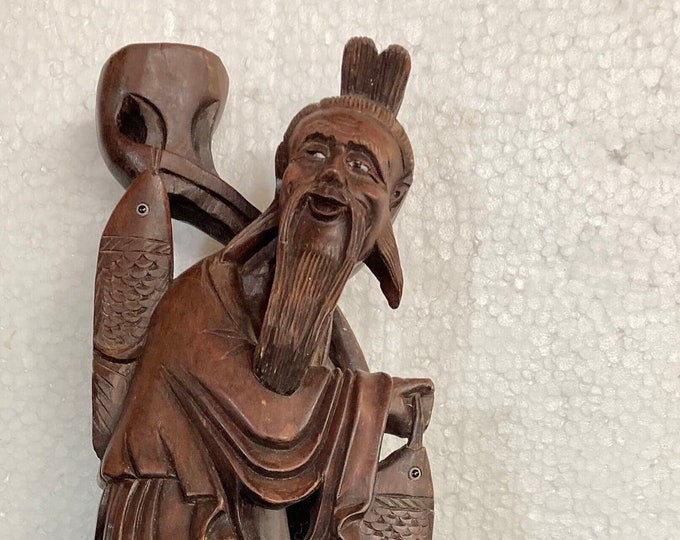 Handmade Vintage Chinese  Fisherman Wooden Sculpture