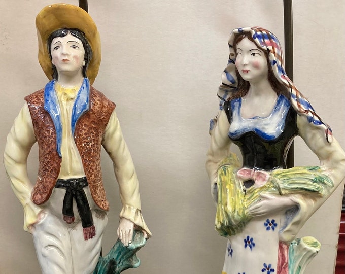 Pair of Vintage  Porcelain Italian Inspired Man and Woman Figure Lamps