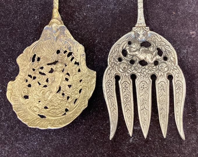 Antique Italian 10 " Decorative Ornate Fork and Spoon Serving Set