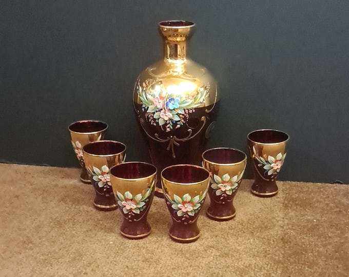 Murano  Glass  Decanter Set Hand Painted  Floral Ruby  /Gold   Set  with  6  Cups