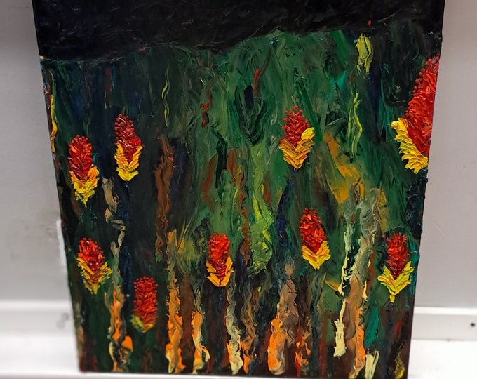 Garden Flowers Under  Night Sky Oil Painting