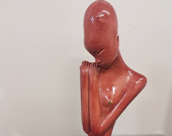Vintage 1980s Art Deco Style Statue Red Ceramic Stylized Figure
