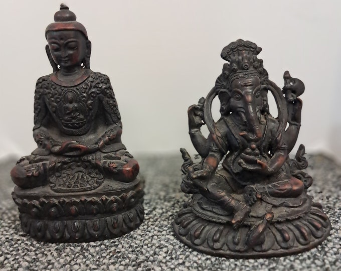 Handmade Resin Ganesha & Cosmic Buddha Statue Set - India Decor