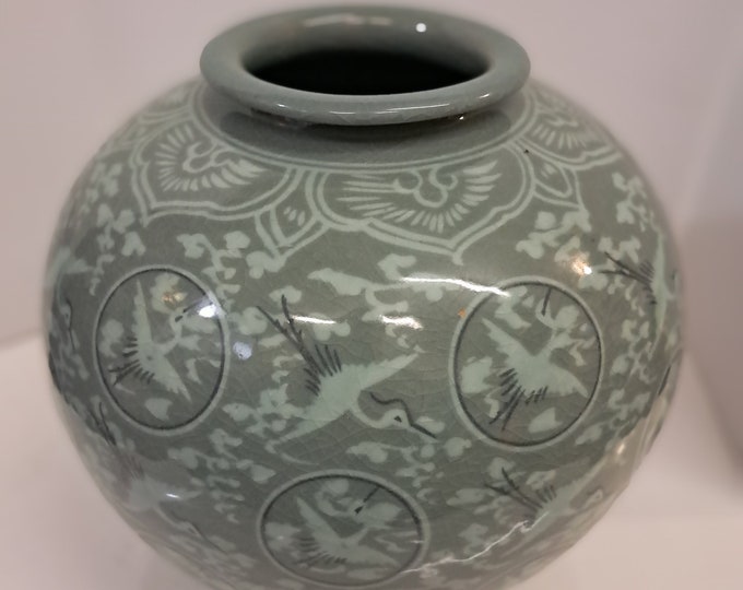 Ceramic Jar from Korea Inlaid with Celadon Clouds and Cranes Patterns