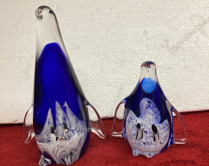 Two Art Glass Penguin with  Penguins inside Cobalt Blue Tall Arctic Paperweight