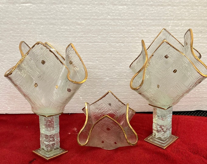 3 Pcs Set,Vintage Art Glass Sculpture/Centerpiece,Handmade Folded Glass Square